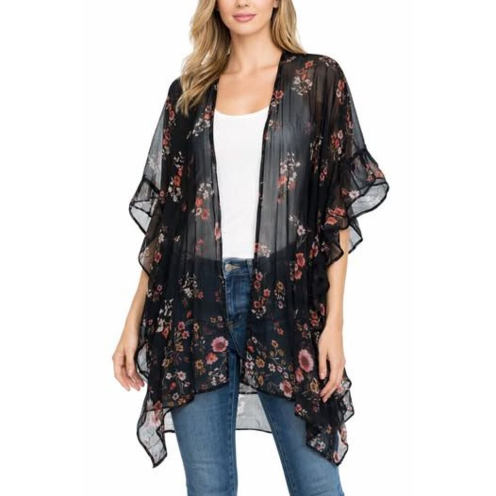 Women Sheer Black Floral Kimono Cardigan Cover-Up Lightweight Open Front Duster